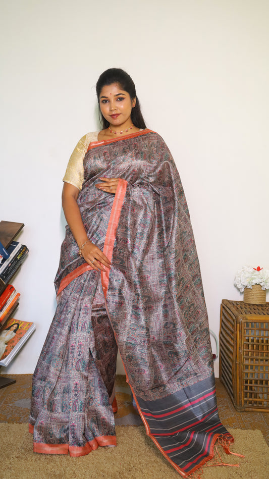 Charcoal grey semi tussar saree