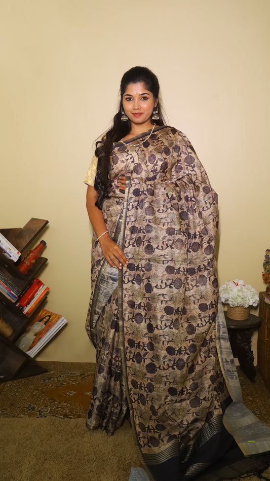 Cream and jamun purple silk saree