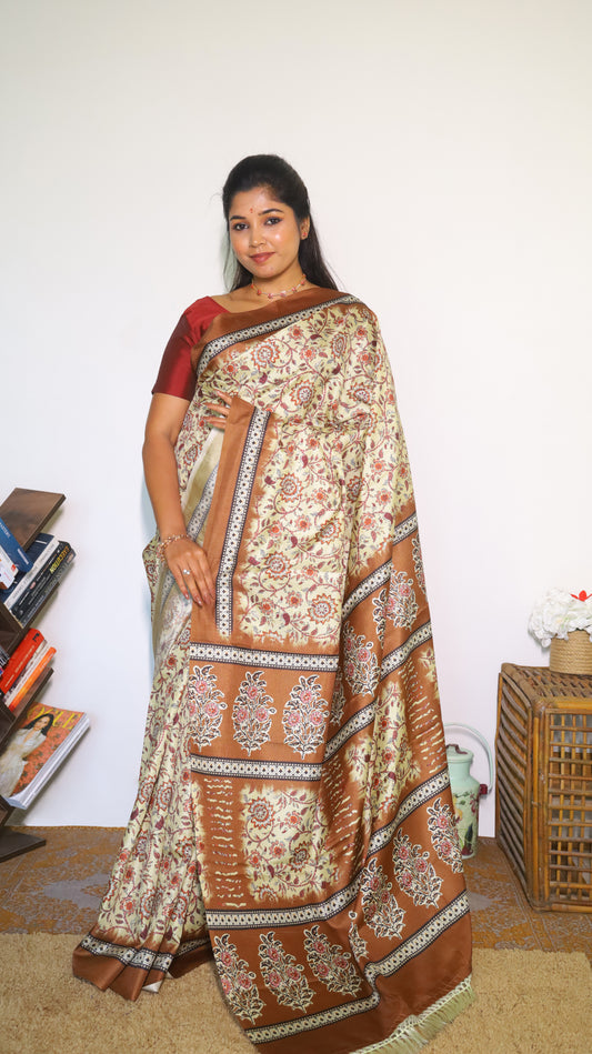 Cream and maroon soft silk saree