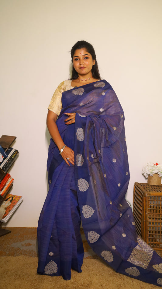 Dark blue tussar silk saree