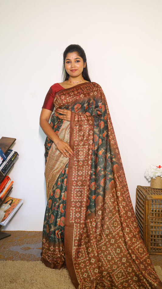 Forest green floral saree