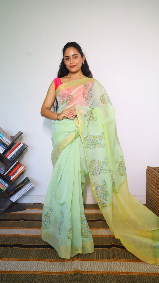 Green block print cotton saree