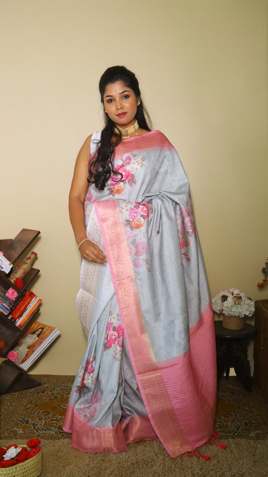Grey soft silk printed saree