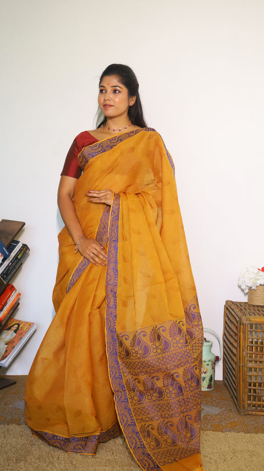 Mustard mercerized cotton saree