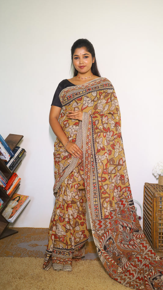 Mustard yellow Kalamkari saree