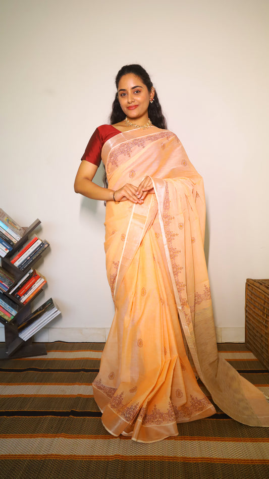 Peach block print cotton saree