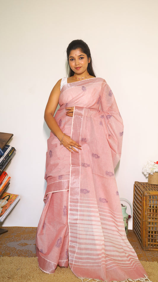 Peach pink block print saree