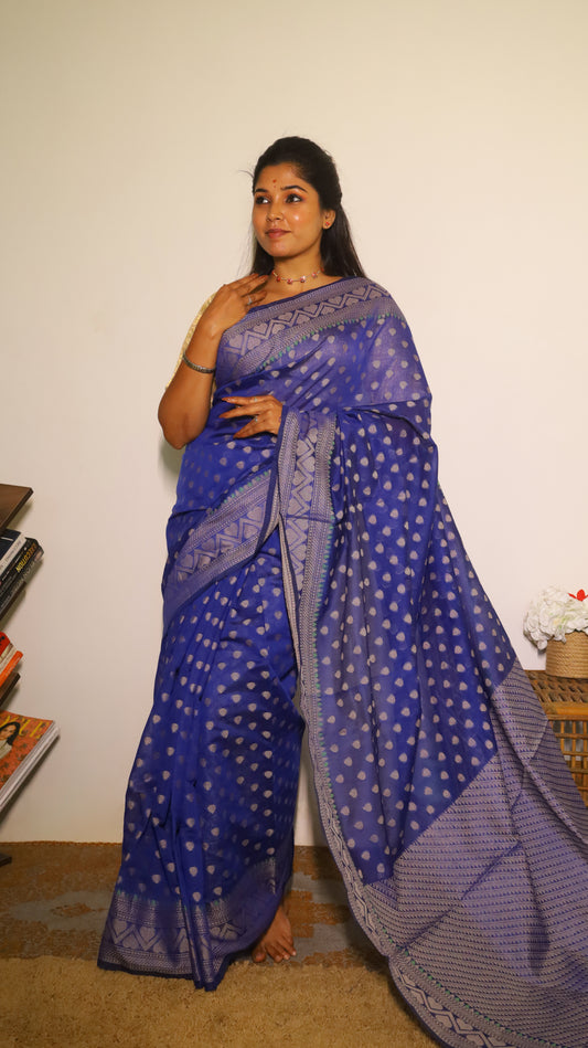 Royal blue jute cotton saree