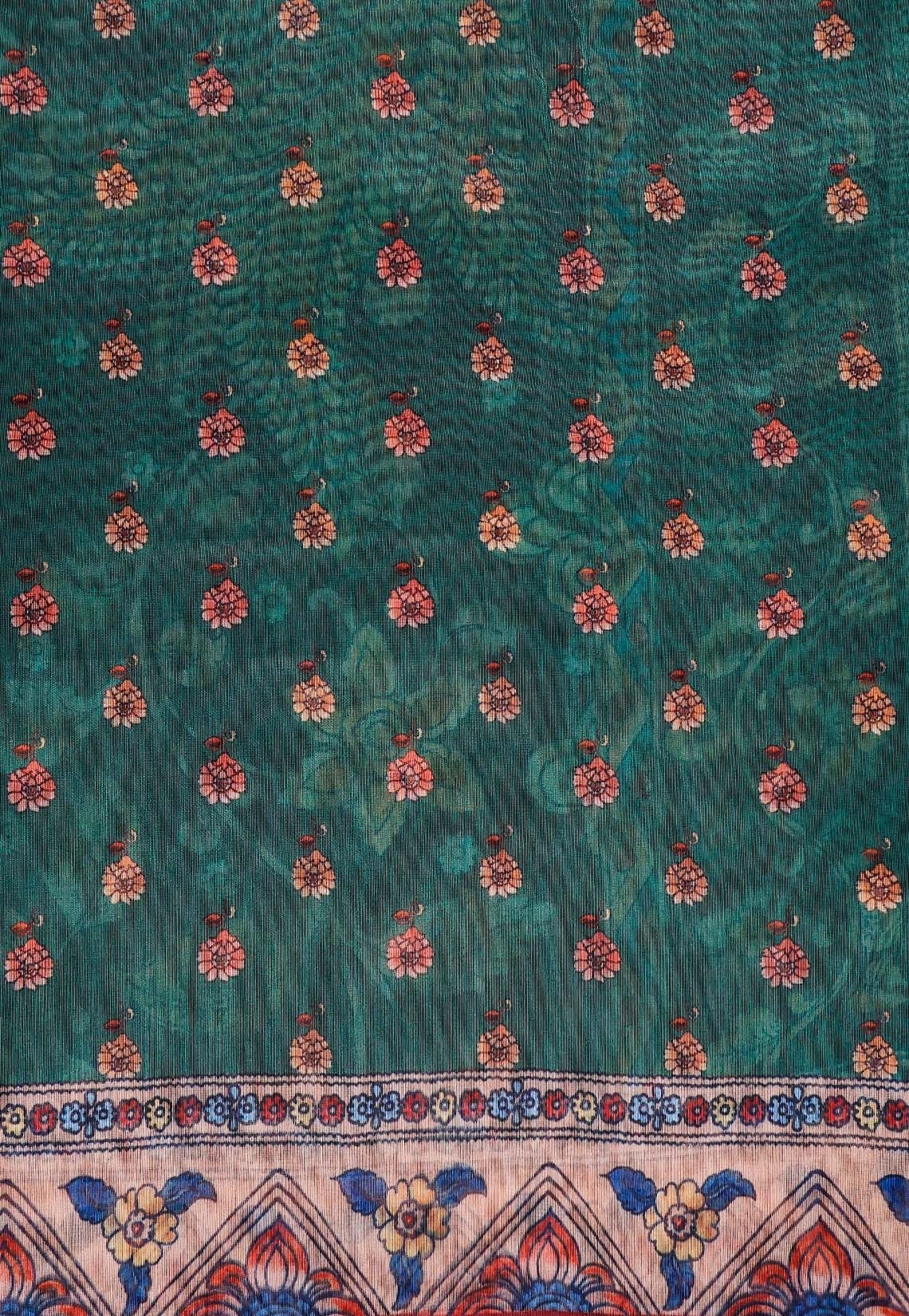Exquisite deep bottle green silk cotton saree with floral and peacock motifs, paired with a maroon border - VEDHIKA