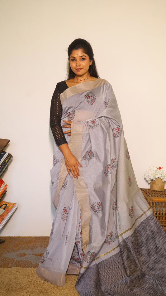 White cotton print saree