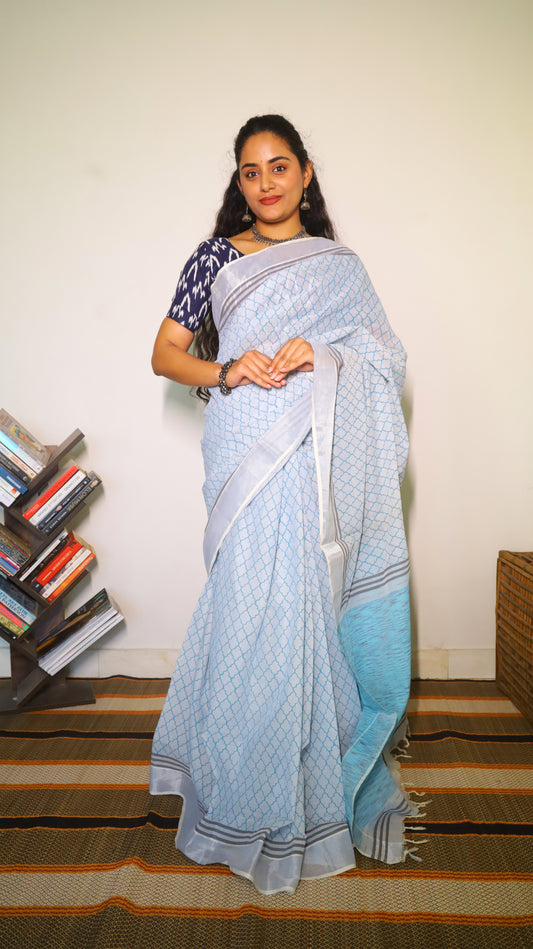 light blue cotton block print saree