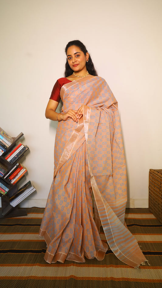 pink block print cotton saree