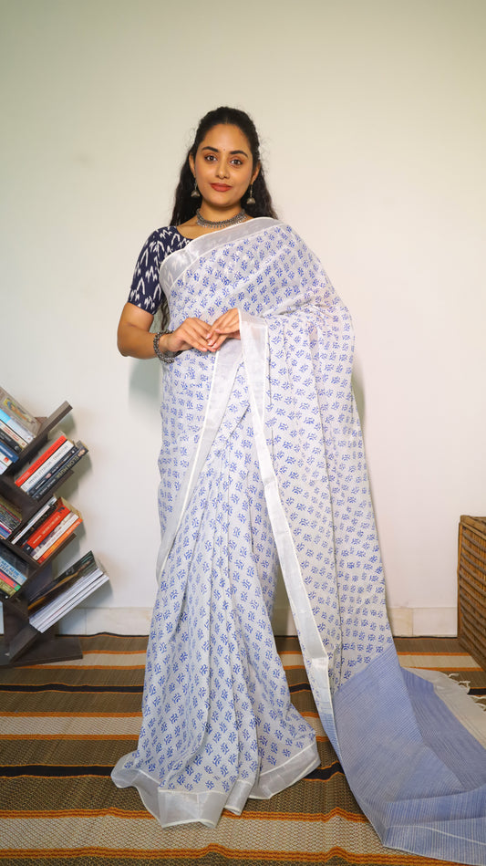 white cotton block print saree